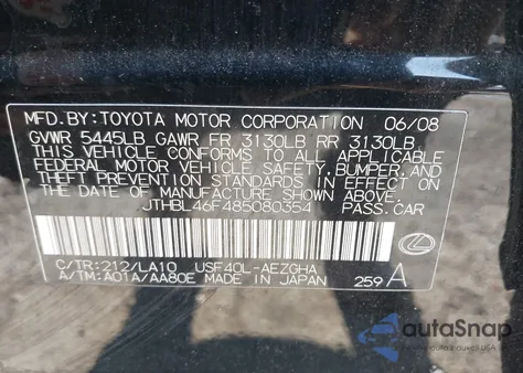 2008 Lexus Ls 460 from USA, damaged, VIN JTHBL46F485080354